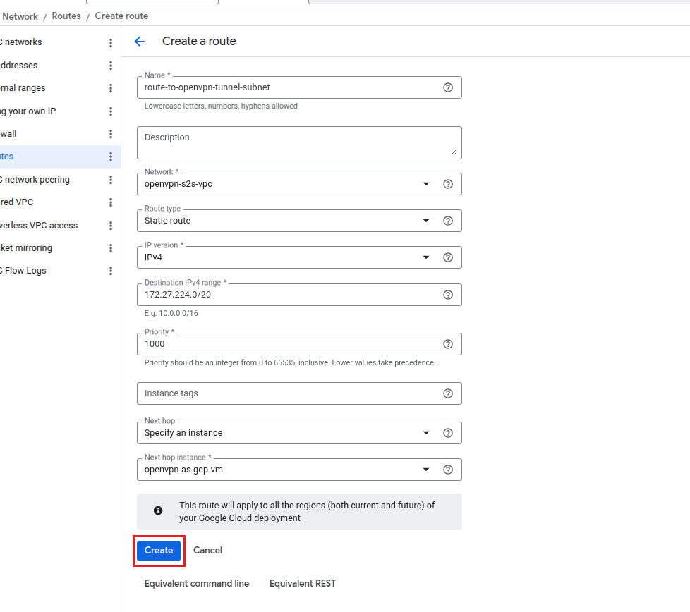Create route form for tunnel subnet 172.27.224.0/20 with next hop openvpn-as-gcp-vm