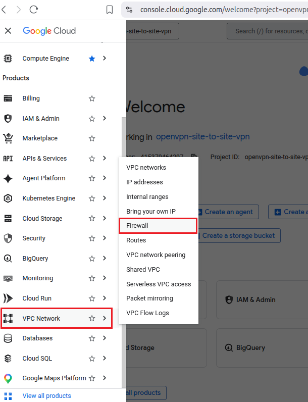 Google Cloud VPC network menu highlighting Firewall option