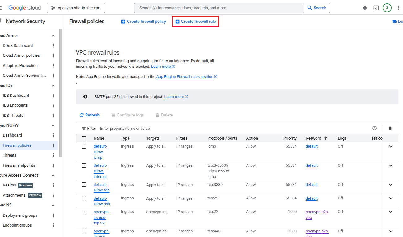 Firewall rules dashboard with Create firewall rule button