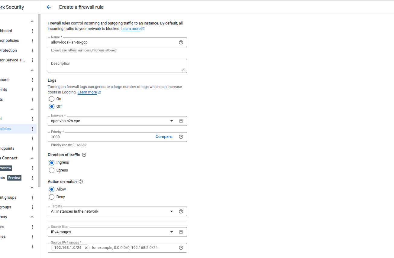 Create firewall rule form for allow-local-lan-to-gcp with name, network, priority, direction ingress, action allow