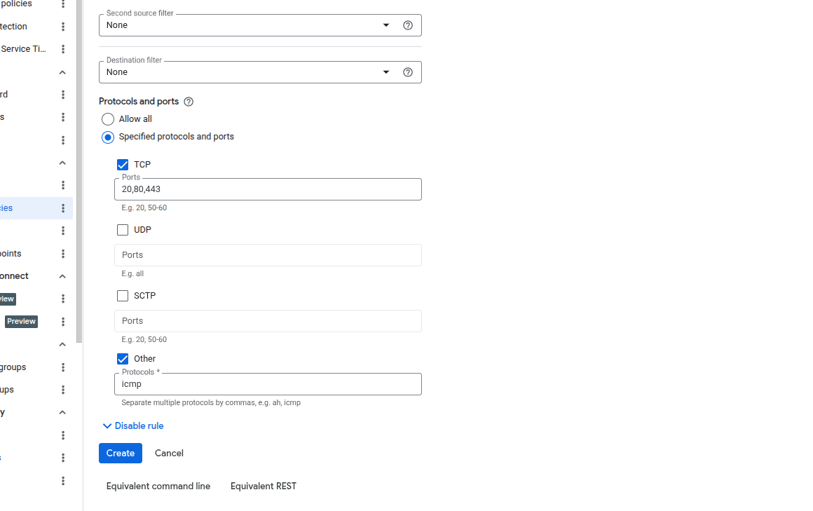 Firewall rule form continued with source IPv4 ranges 192.168.1.0/24 and TCP ports 20,80,443 plus ICMP