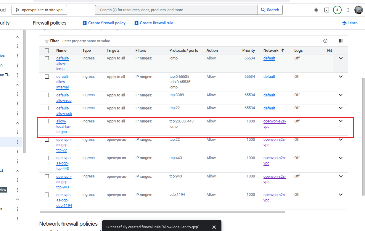 Firewall rules dashboard showing allow-local-lan-to-gcp rule