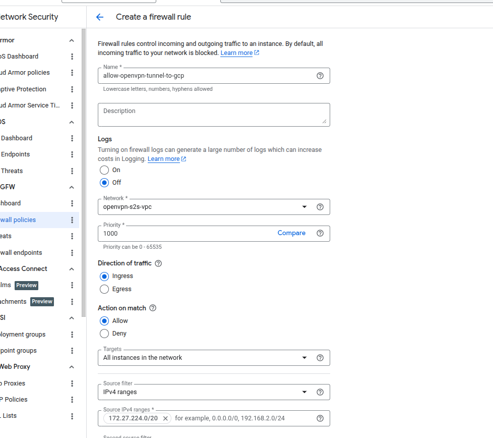Firewall rule form for allow-openvpn-tunnel-to-gcp with source range 172.27.224.0/20