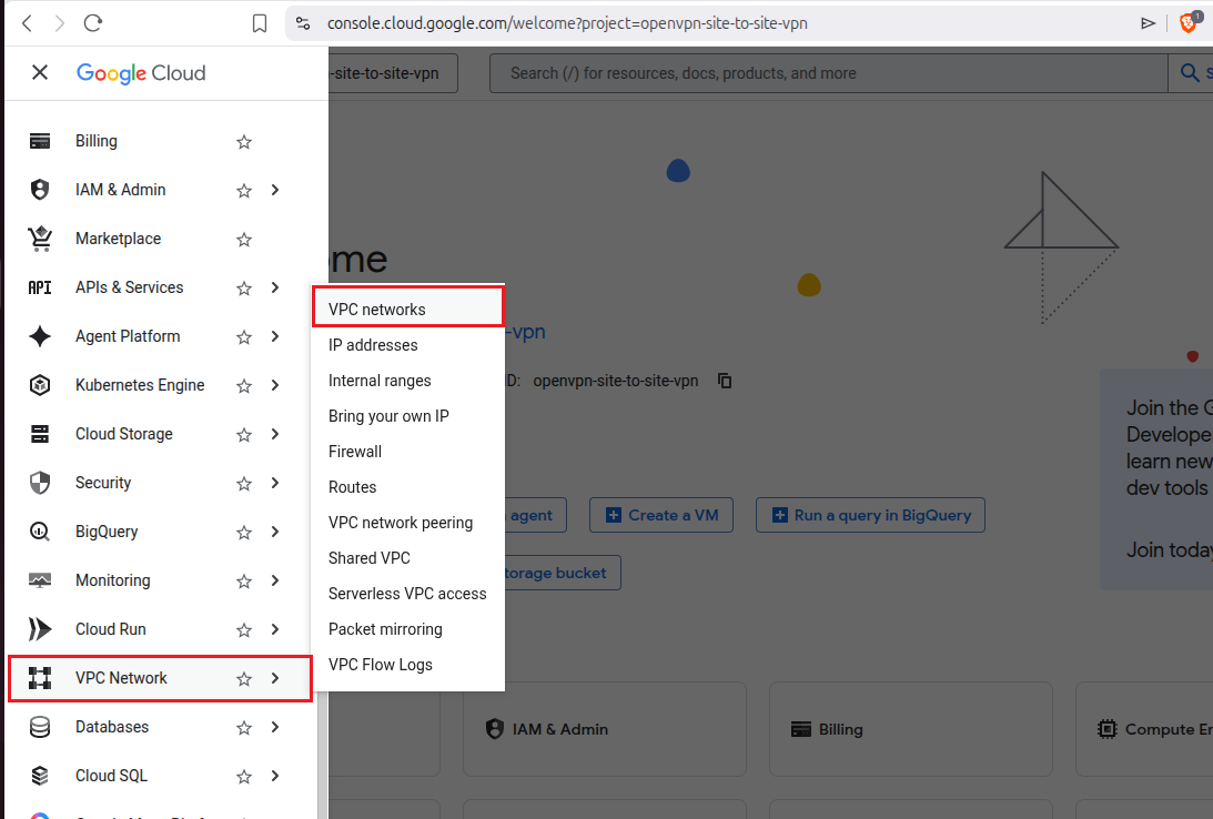 Google Cloud console menu highlighting VPC network option