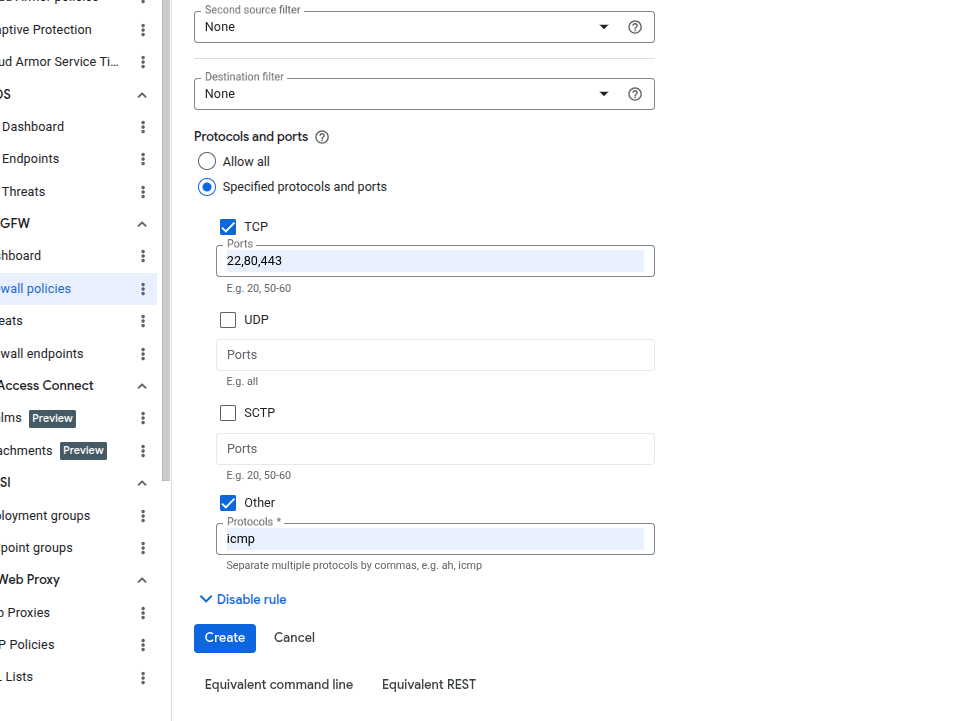 Firewall rule form continued with TCP ports 22,80,443 and ICMP for tunnel subnet