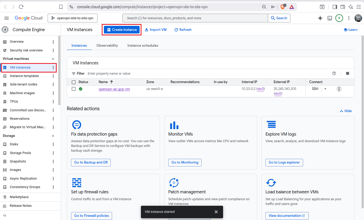 Compute Engine VM instances dashboard with Create instance button