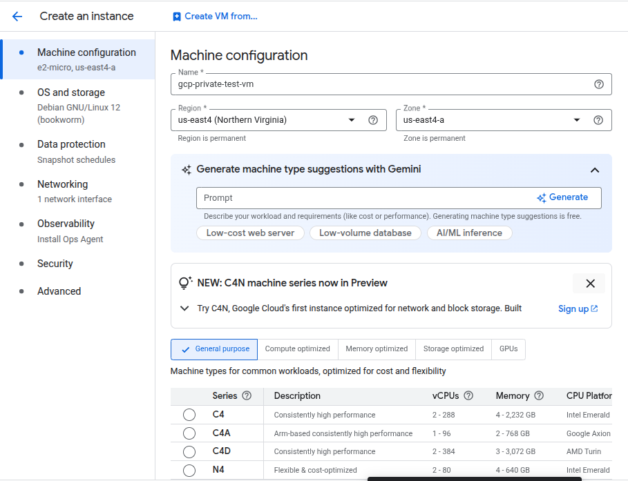Create VM instance form with name gcp-private-test-vm, region us-east4, zone us-east4-a, machine type General Purpose