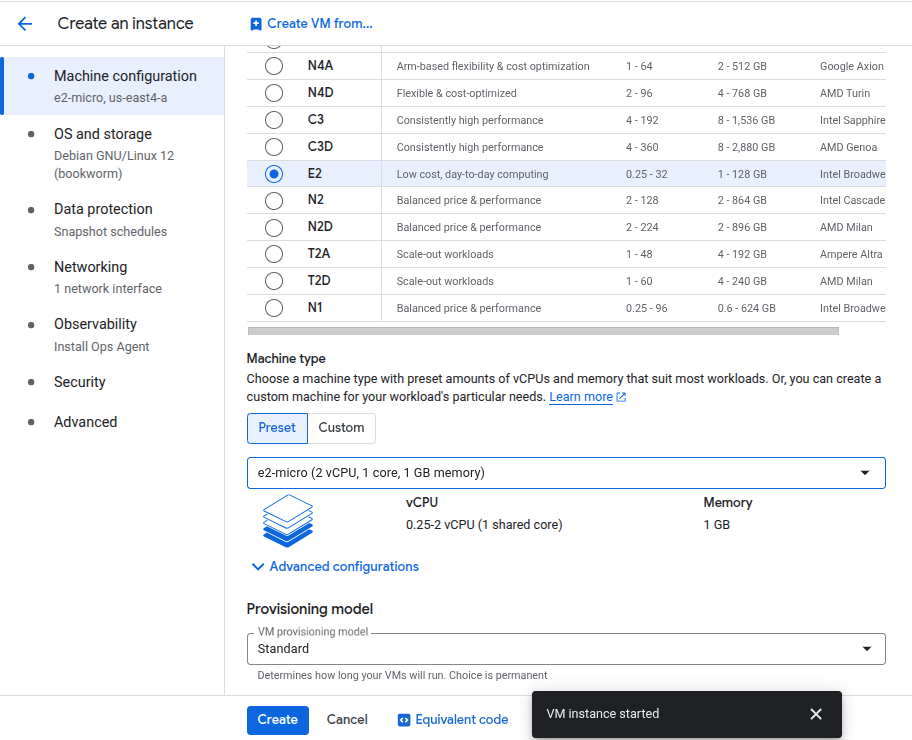 VM instance form continued with series E2, preset e2-micro, provisioning model Standard