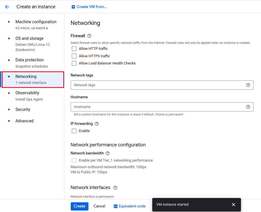 VM creation networking tab highlighted