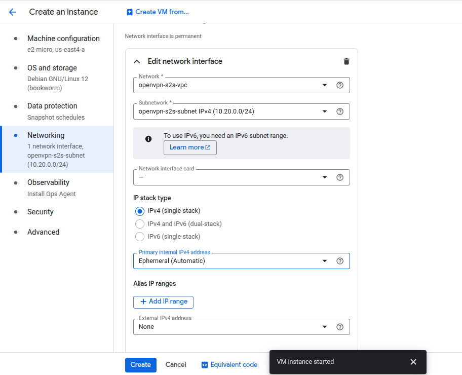 Edit network interface form with network openvpn-s2s-vpc, subnetwork openvpn-s2s-subnet, external IP set to None