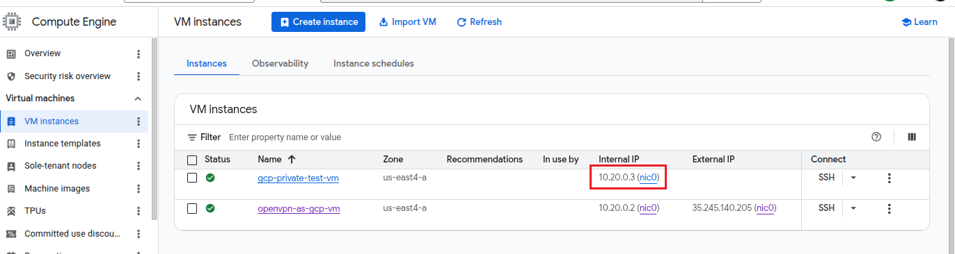 VM instances dashboard showing gcp-private-test-vm with private IP 10.20.0.3 and no external IP