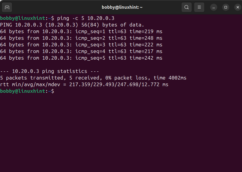 Terminal output of ping -c 5 10.20.0.3 showing successful replies 0% packet loss