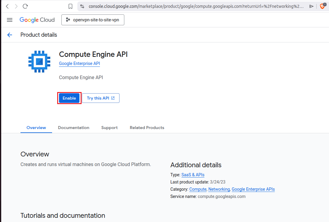 Prompt to enable Compute Engine API with Enable button