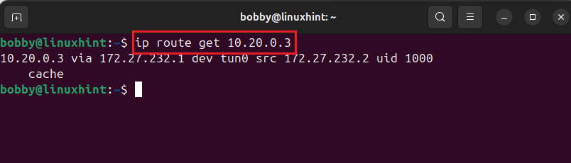 Terminal output of ip route get 10.20.0.3 showing traffic going via tun0 interface