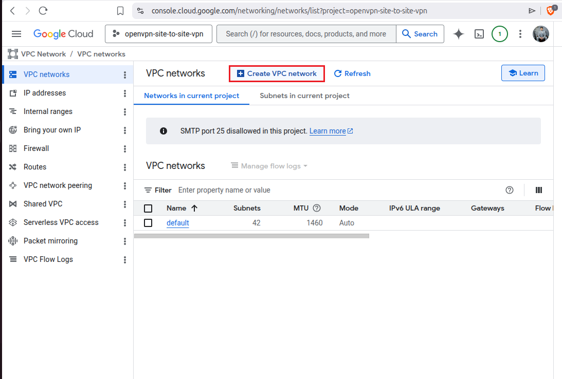 VPC networks dashboard showing Create VPC Network button