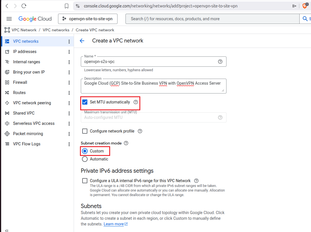 Create VPC network form with name, description, MTU settings, subnet creation mode set to Custom