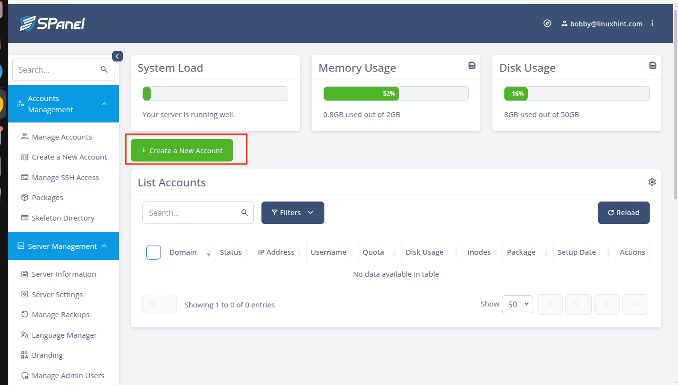 SPanel Admin interface showing the Create a New Account button.