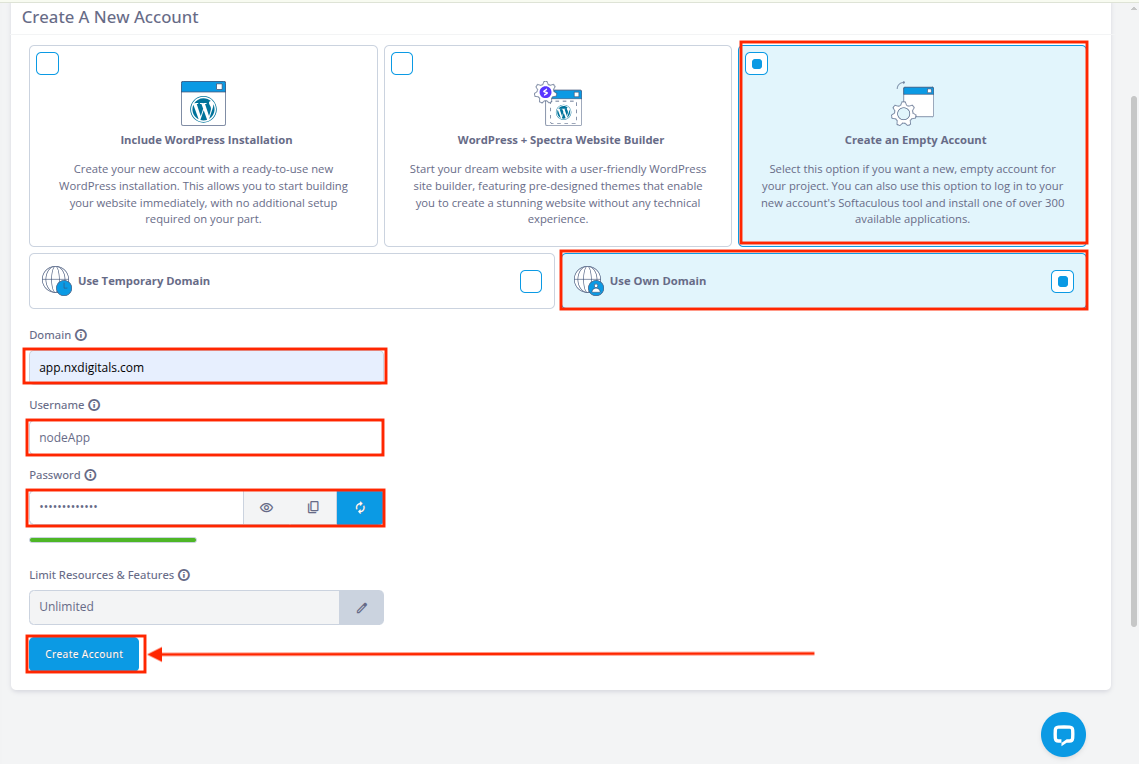 SPanel account creation form with Create an Empty Account and Use Own Domain selected.