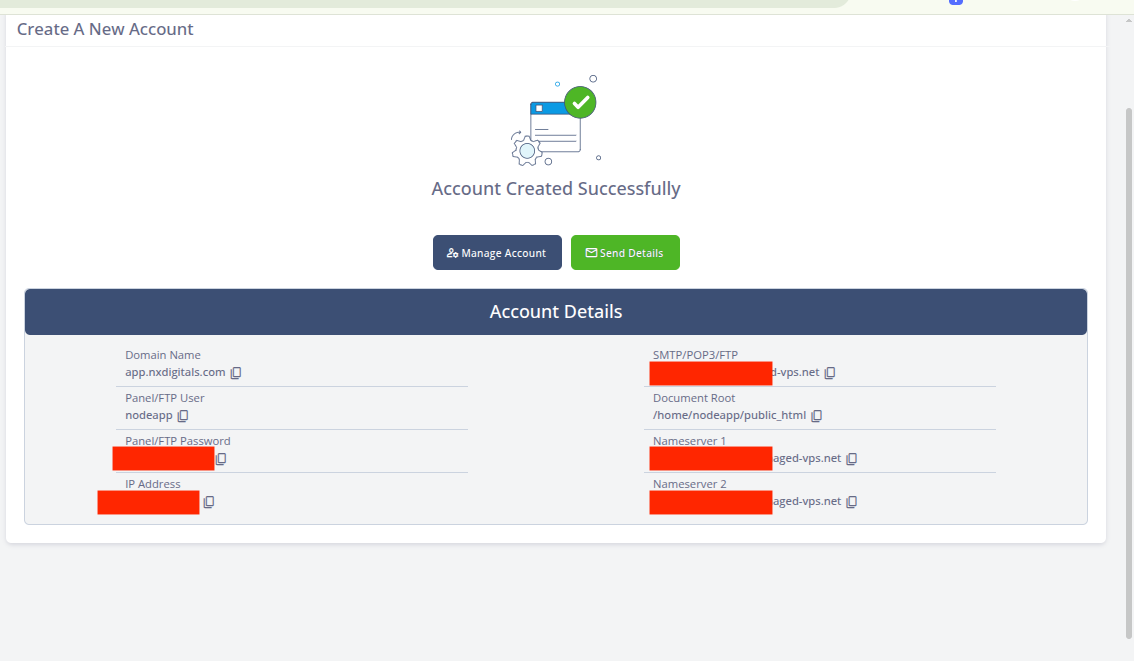 SPanel confirmation page showing the Node.js hosting account was created successfully.