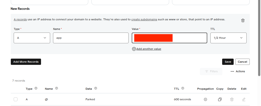 GoDaddy DNS form configured to add an A record for the app subdomain.