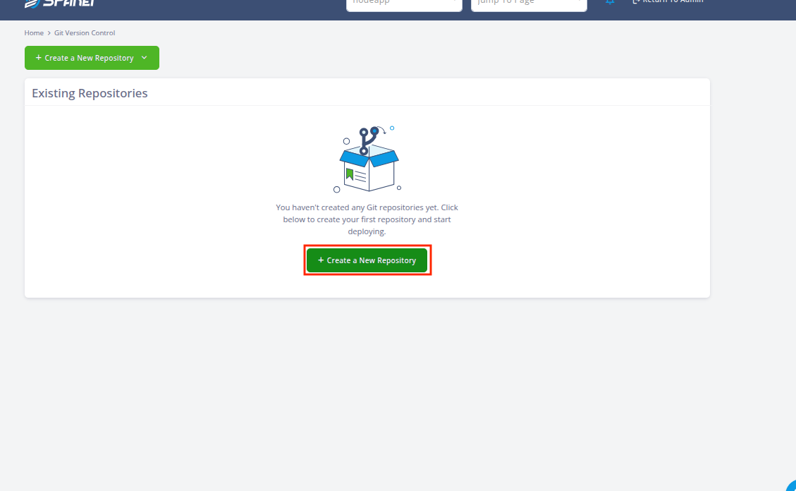 SPanel Git Version Control page showing the Create a New Repository button.