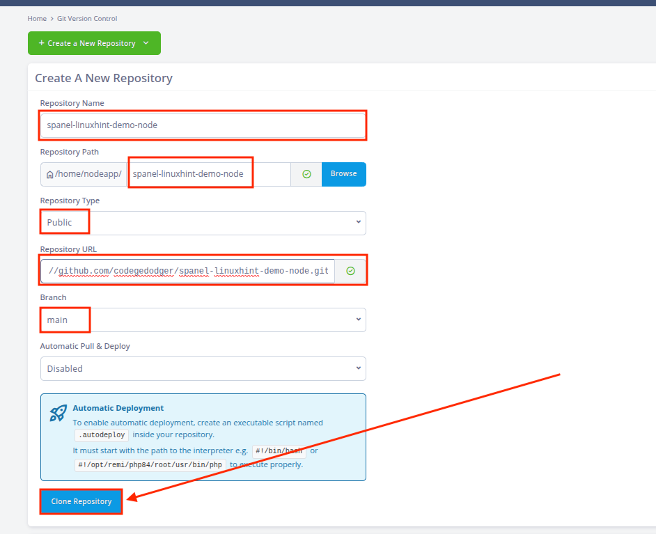 SPanel repository form configured with the GitHub URL, main branch, and application directory.