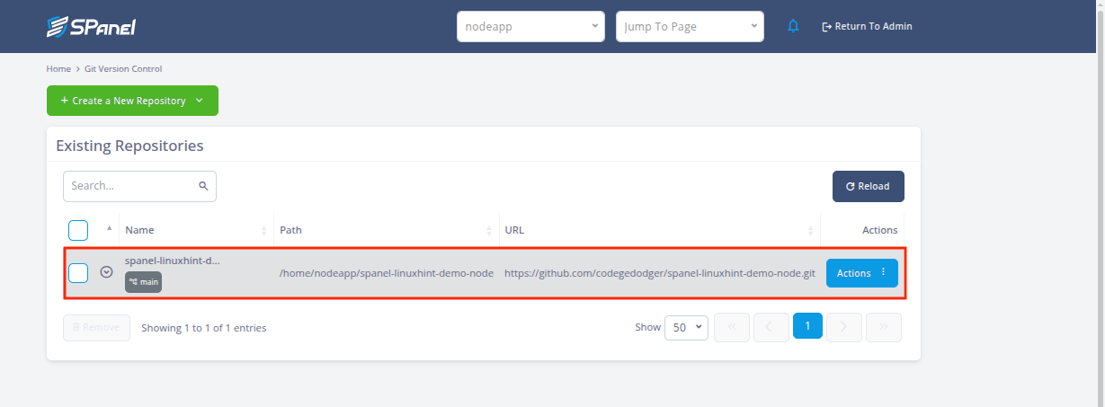SPanel Git Version Control page listing the cloned Node.js repository, application path, and GitHub URL.