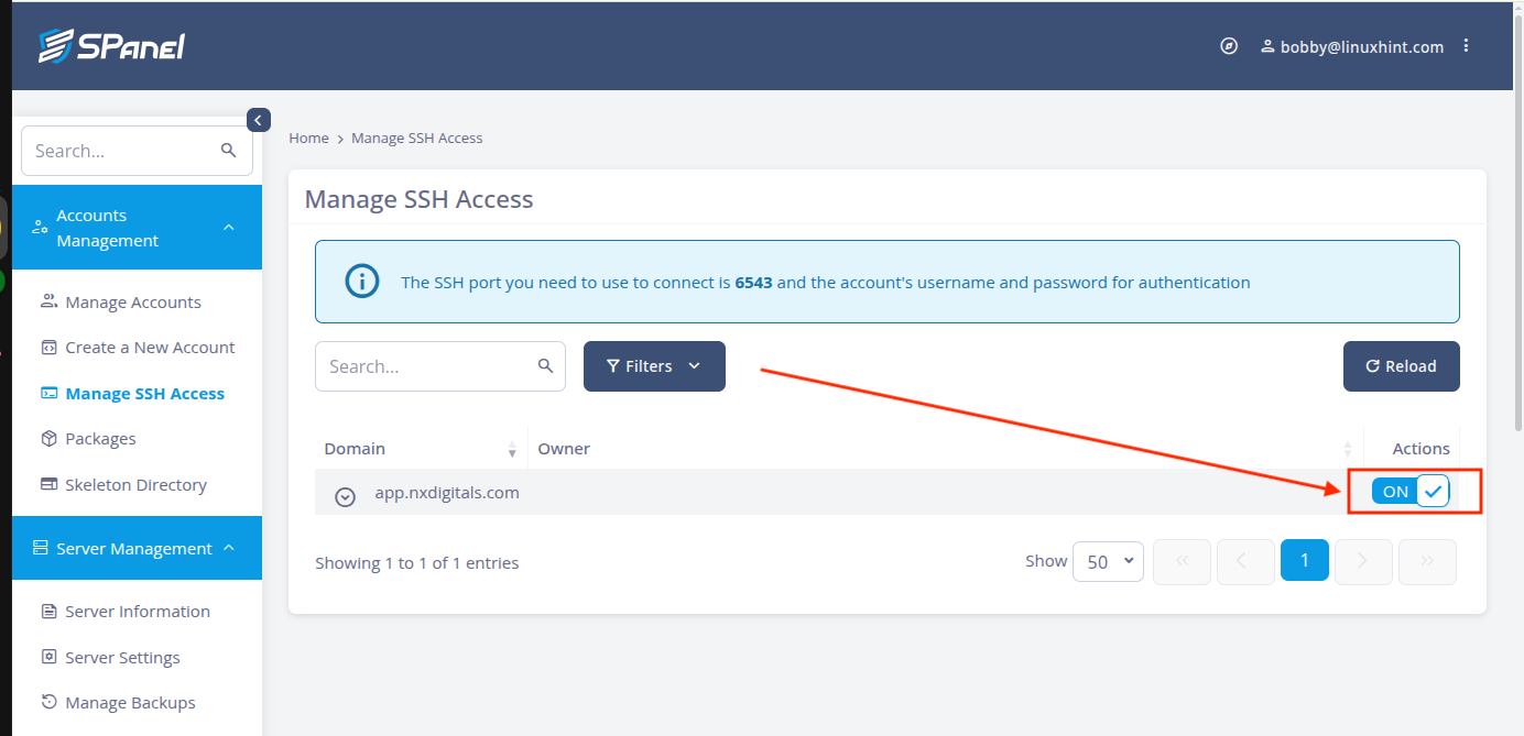 SPanel SSH Access page showing SSH enabled for the application hosting account.