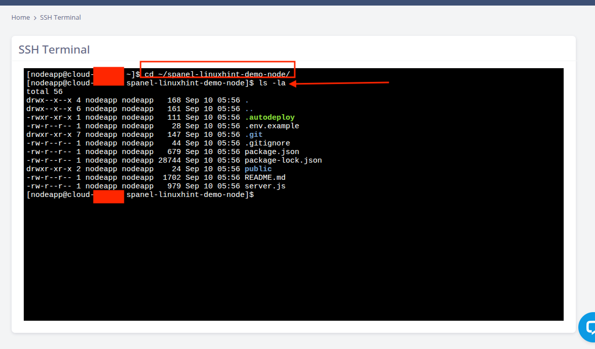 SPanel SSH Terminal showing the files in the cloned Node.js repository using the ls -la command.