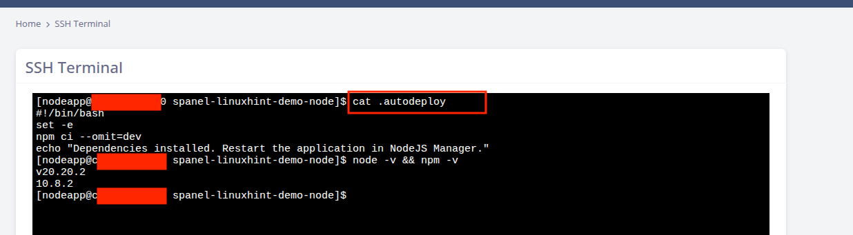 SPanel SSH Terminal displaying the .autodeploy script and installed Node.js and npm versions.