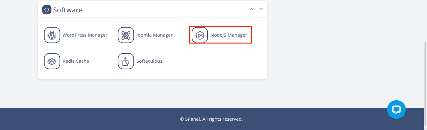 SPanel Software section showing the NodeJS Manager option.