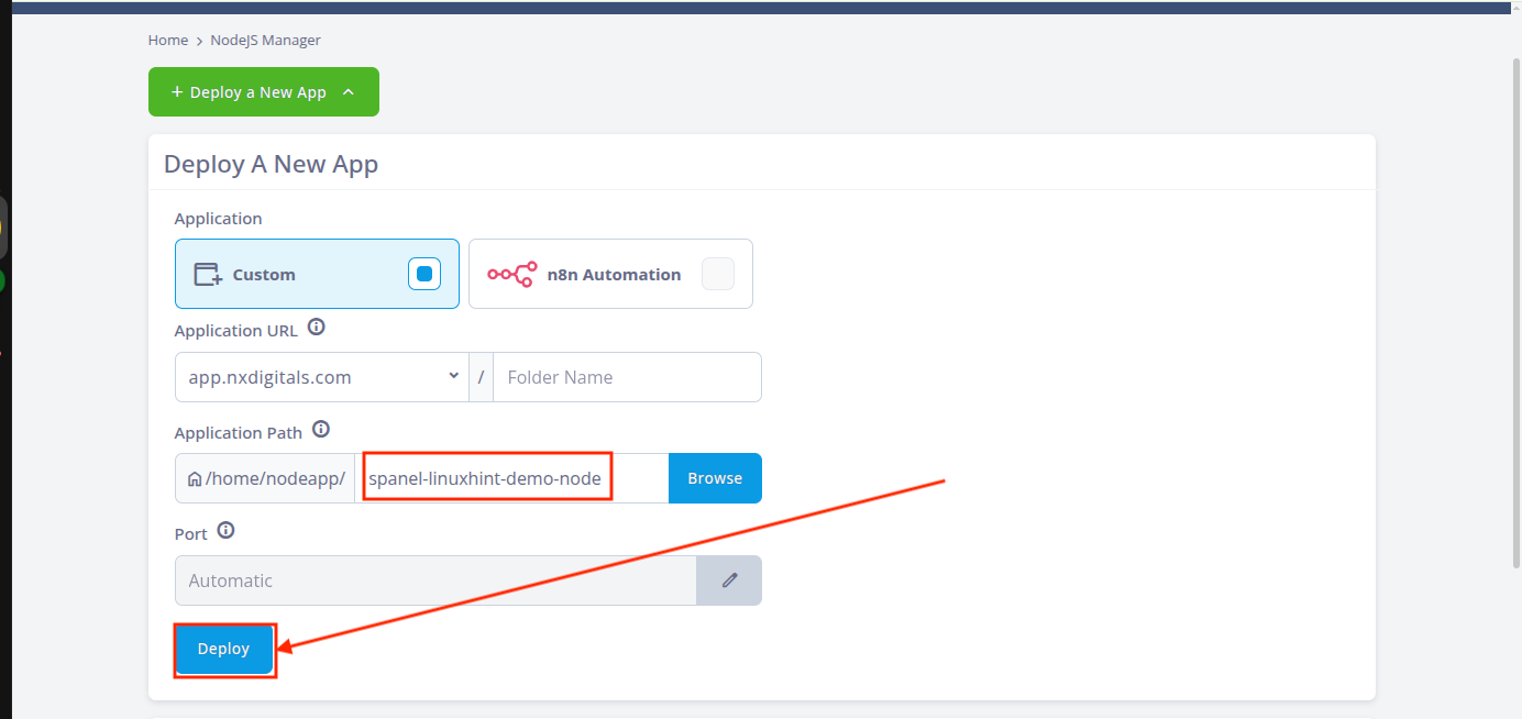 SPanel NodeJS Manager deployment form configured with the application domain and Node.js project directory.