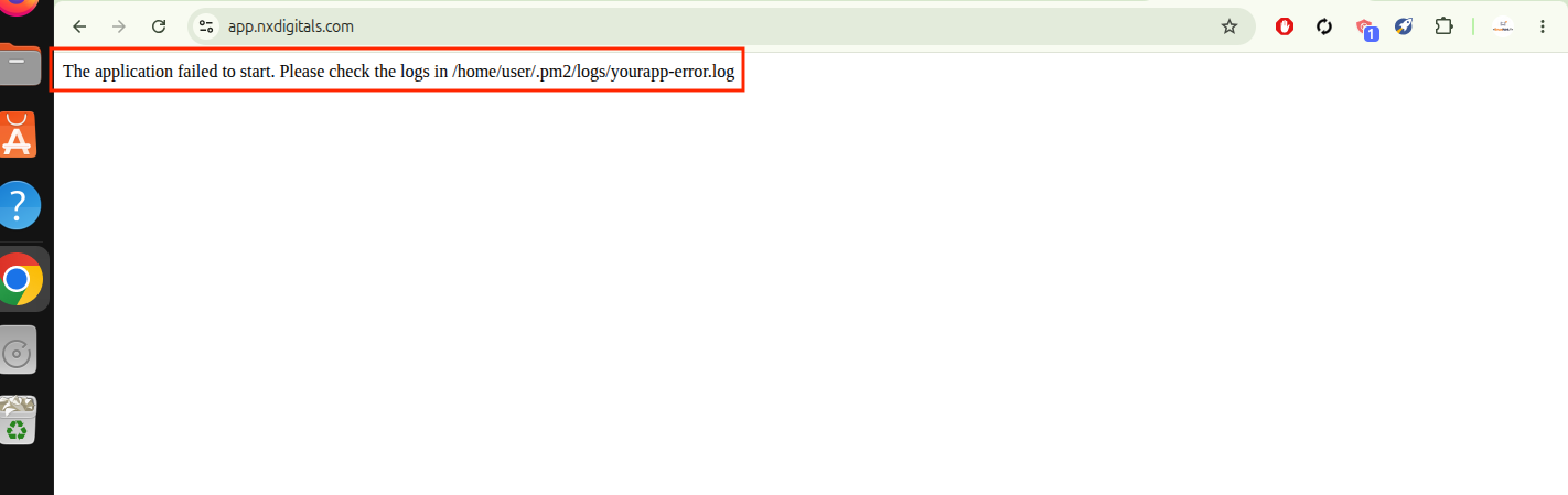 Browser displaying an application startup error caused by the Node.js port mismatch.