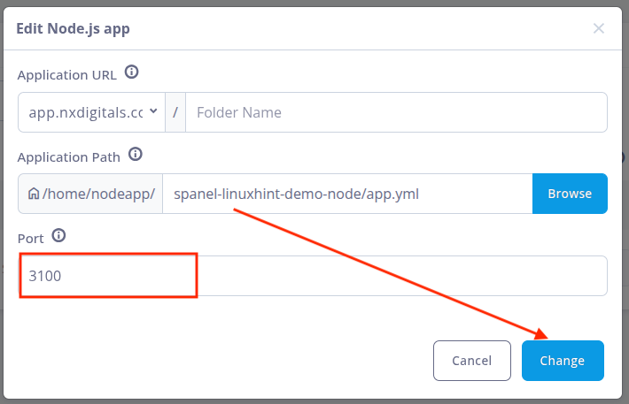 SPanel Node.js application settings with port 3100 configured to match the application.