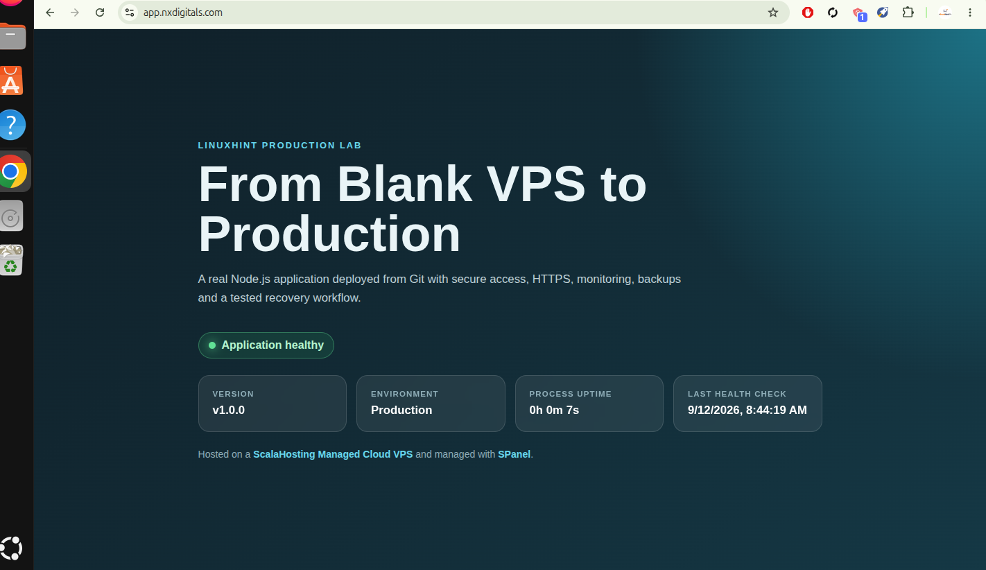 Node.js application running successfully on its custom domain after correcting the port.