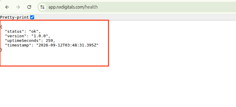 Node.js health endpoint returning JSON with the application status, version, uptime, and timestamp.