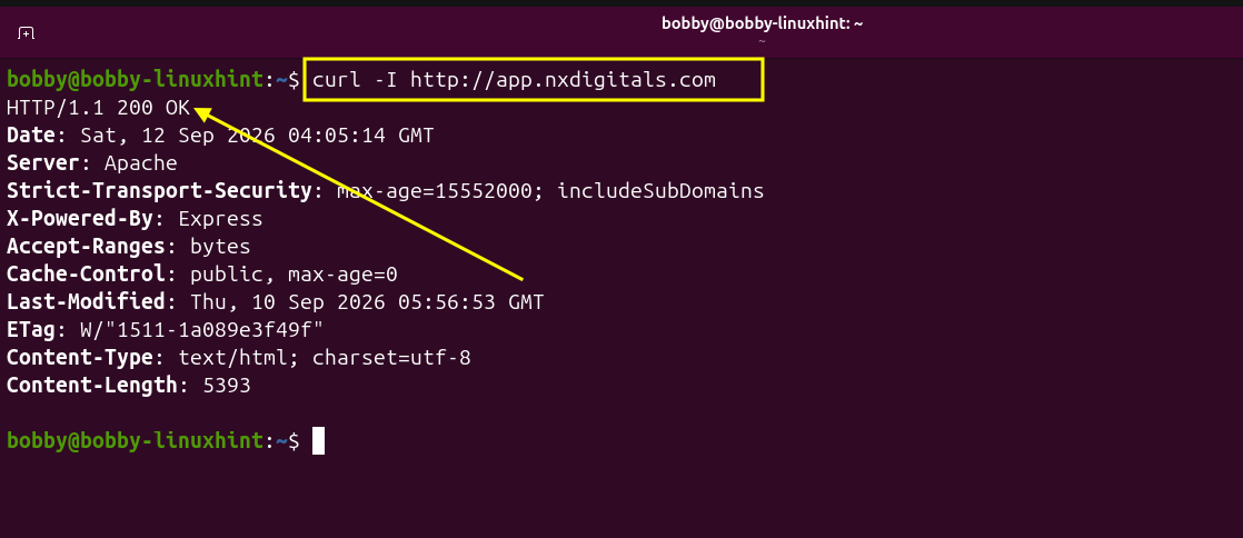 Linux terminal showing the application returning HTTP 200 before HTTPS redirection was enabled.