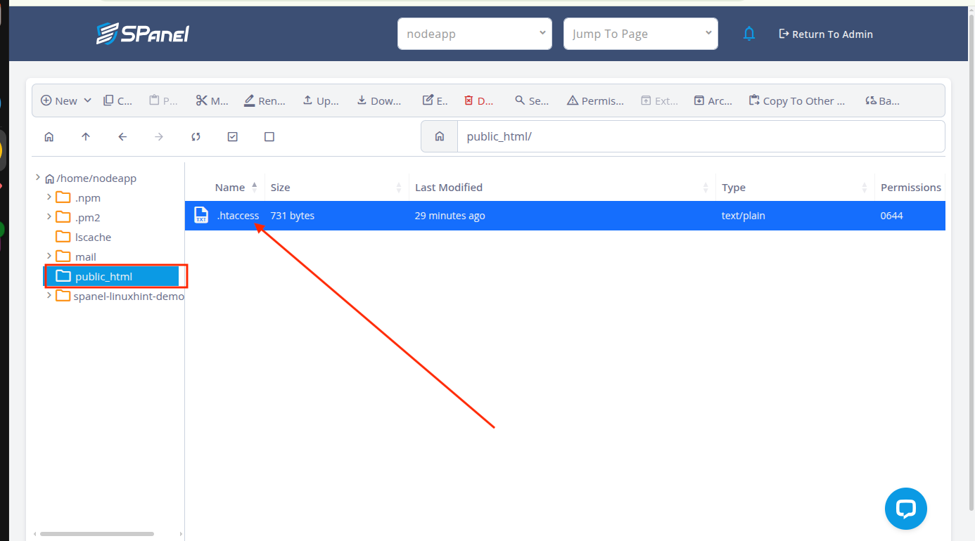 SPanel File Manager showing the .htaccess file inside the public_html directory.