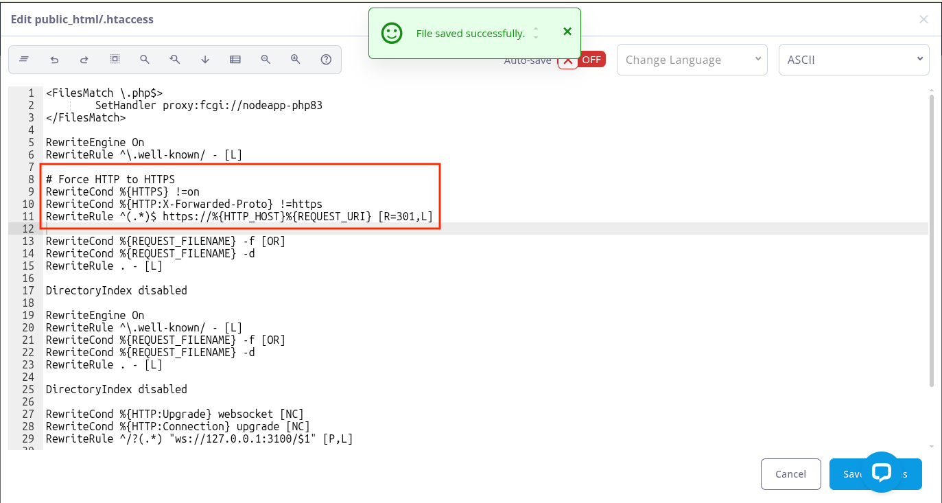 SPanel editor showing the Apache .htaccess rules that redirect HTTP requests to HTTPS.