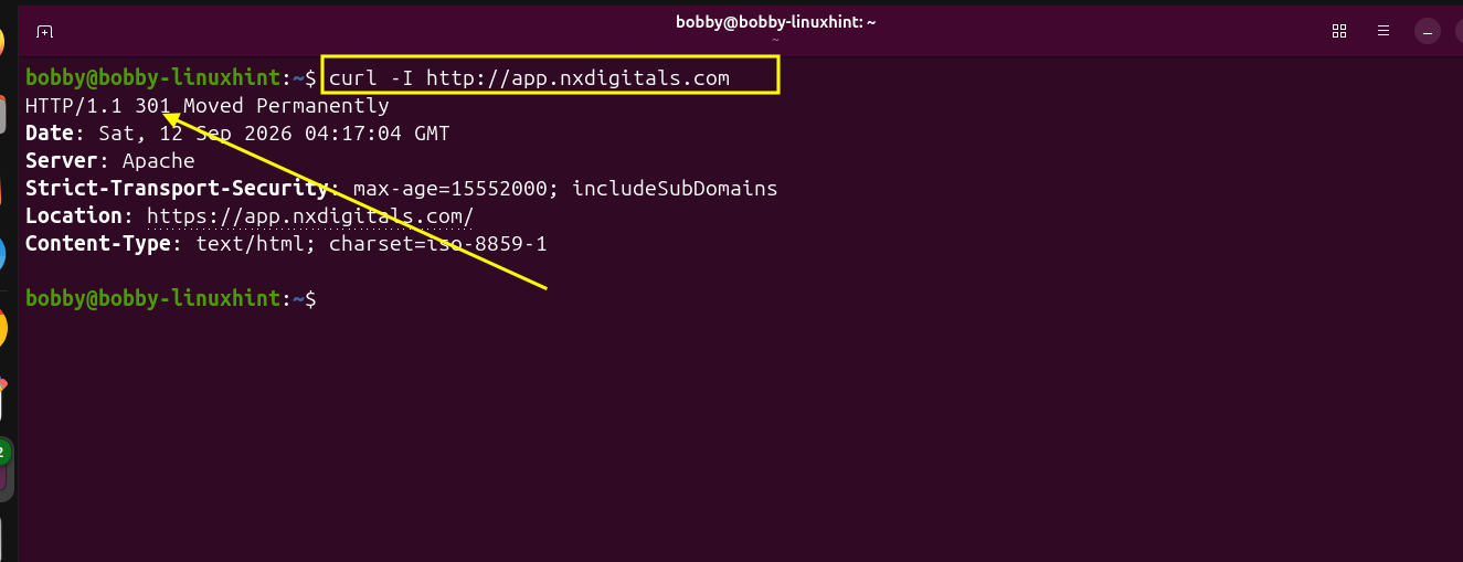 Linux terminal showing an HTTP 301 response redirecting the application domain to HTTPS.