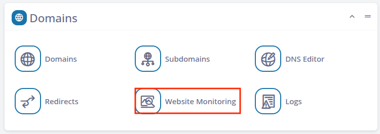 SPanel Domains section showing the Website Monitoring option.