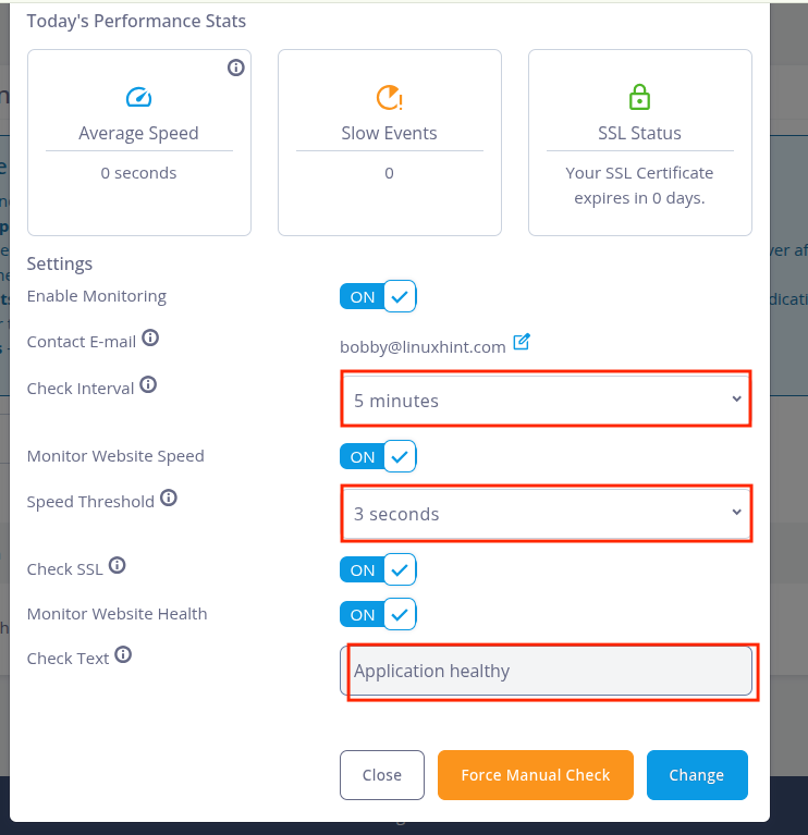 SPanel monitoring settings with uptime, speed, SSL, and website health checks enabled.