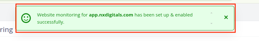SPanel confirmation message showing website monitoring was enabled successfully.