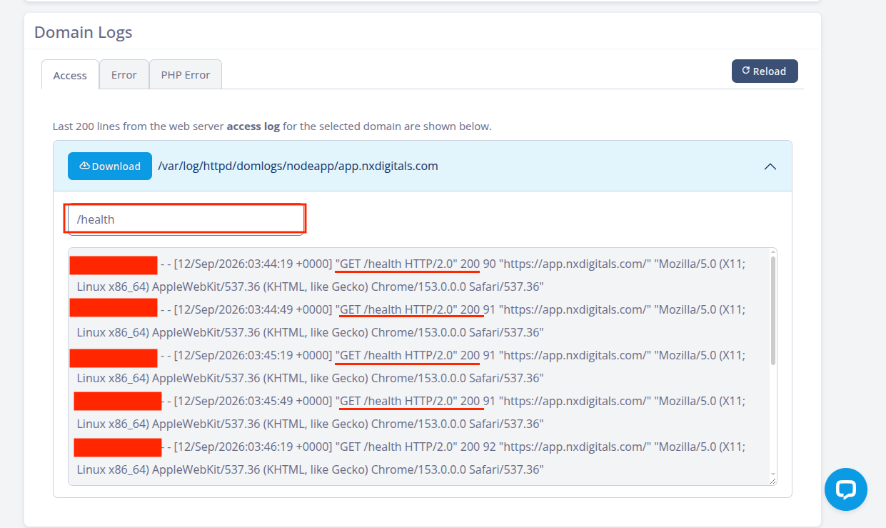 SPanel access logs showing successful HTTP 200 requests to the application’s health endpoint.