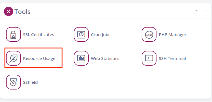 SPanel Tools section showing the Resource Usage option.