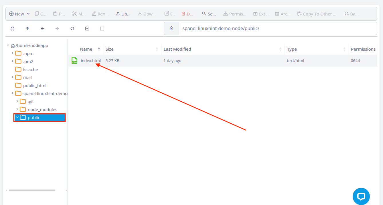 SPanel File Manager showing the Node.js application’s index.html file in the public directory.