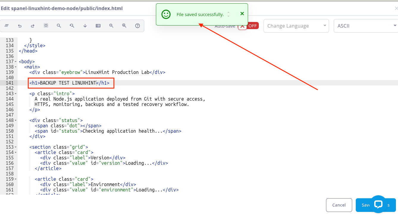 SPanel editor showing a temporary backup-test heading added to the application’s index.html file.