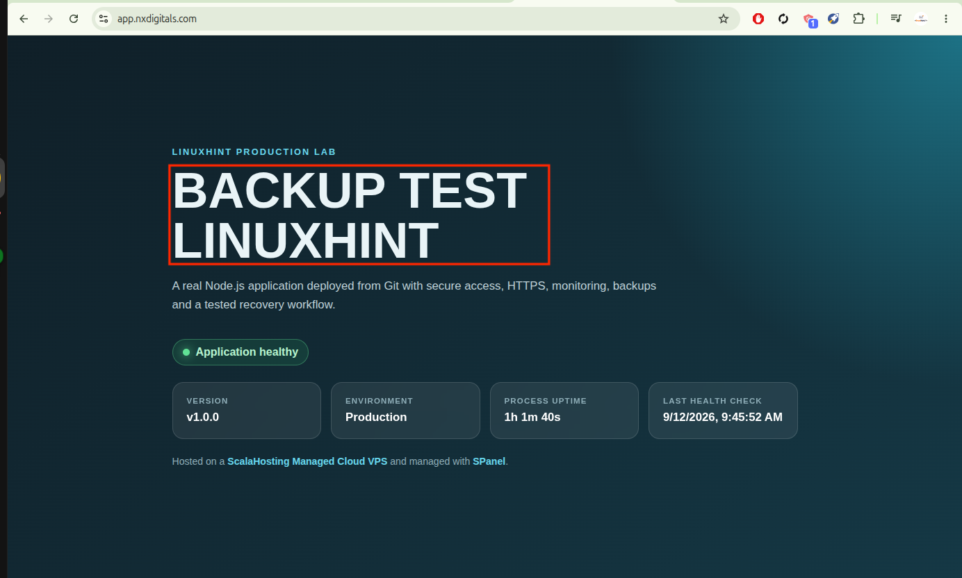 Node.js website displaying the temporary backup-test heading before restoring the original file.