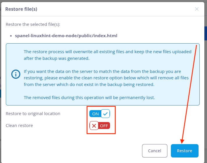 SPanel restore dialog configured to restore index.html to its original location without a clean restore.