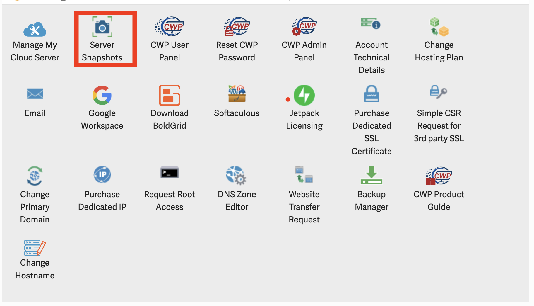 InMotion Hosting dashboard showing the Server Snapshots option highlighted.